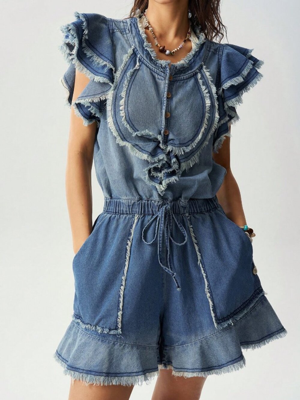Blue Casual Women's Woven Ruffle Distressed Washed Denim romper Jumpsuit - Picture 1 of 7